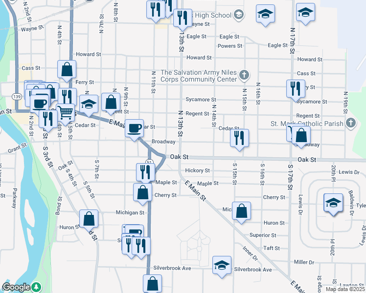 map of restaurants, bars, coffee shops, grocery stores, and more near 1302 Broadway in Niles