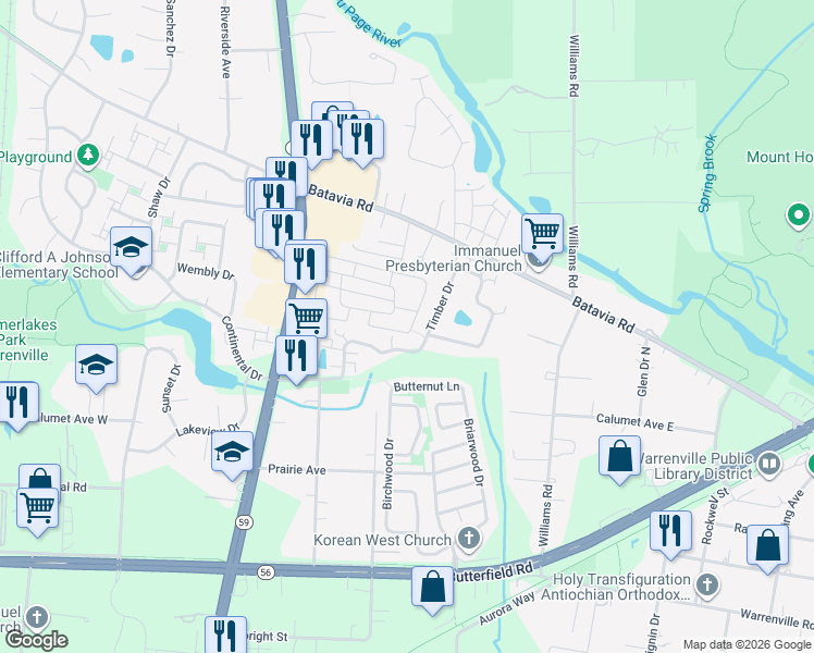 map of restaurants, bars, coffee shops, grocery stores, and more near 771 Winchester Circle West in Warrenville
