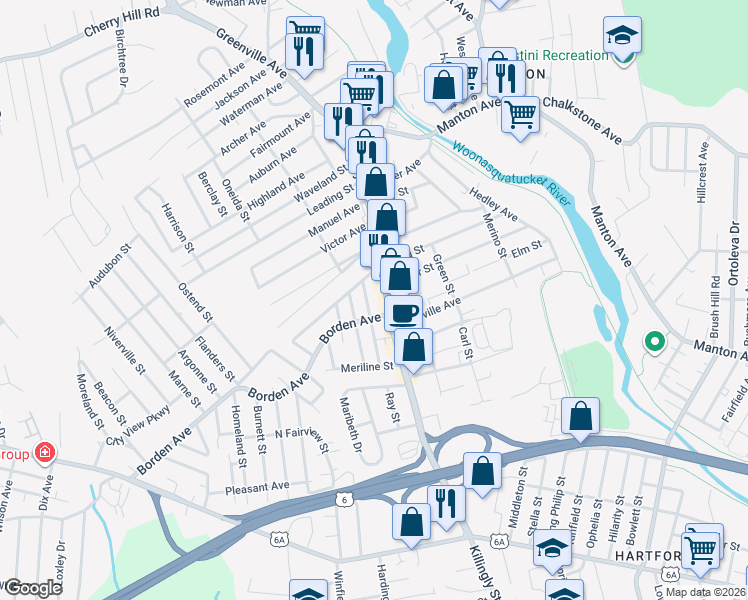map of restaurants, bars, coffee shops, grocery stores, and more near 7 Alcazar Avenue in Johnston