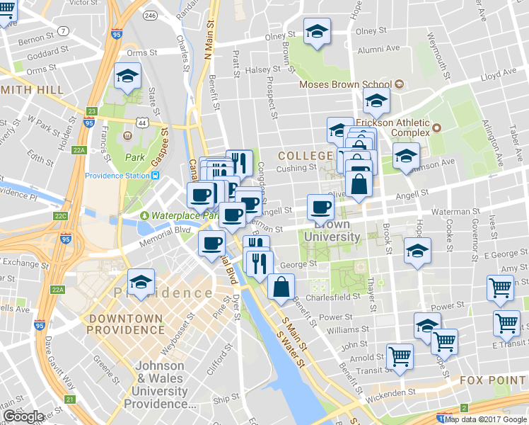 map of restaurants, bars, coffee shops, grocery stores, and more near Angell St & Congdon St in Providence