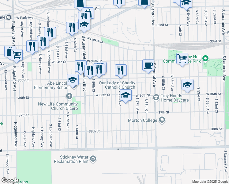map of restaurants, bars, coffee shops, grocery stores, and more near 3537 South 58th Court in Cicero