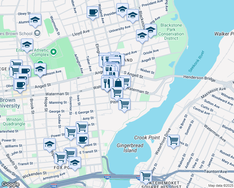 map of restaurants, bars, coffee shops, grocery stores, and more near 150 East Manning Street in Providence
