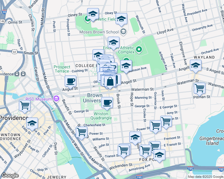 map of restaurants, bars, coffee shops, grocery stores, and more near 110 Waterman Street in Providence
