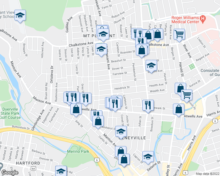 map of restaurants, bars, coffee shops, grocery stores, and more near 141 Hendrick Street in Providence