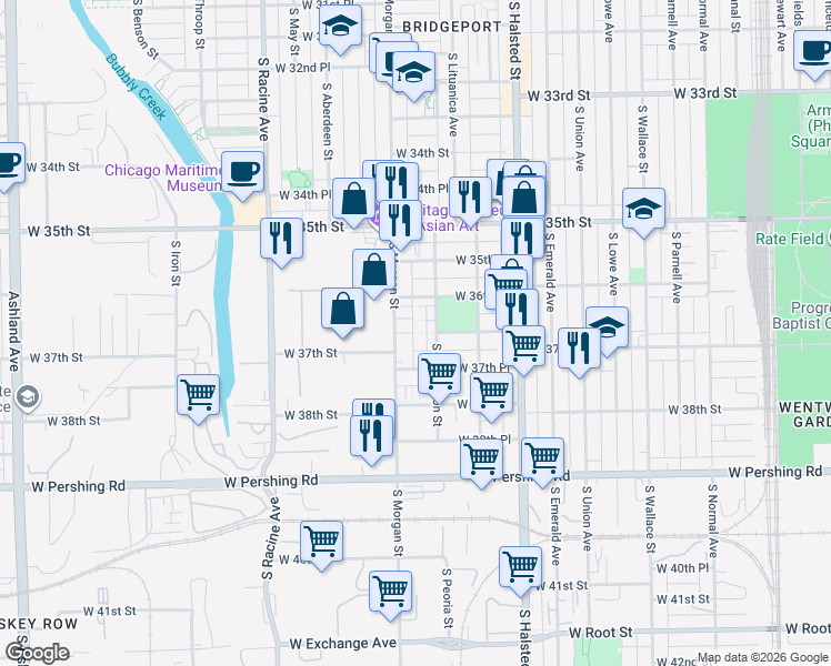 map of restaurants, bars, coffee shops, grocery stores, and more near 3700 South Sangamon Street in Chicago