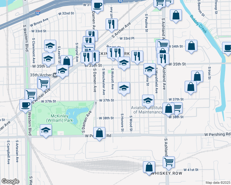 map of restaurants, bars, coffee shops, grocery stores, and more near 3638 South Honore Street in Chicago