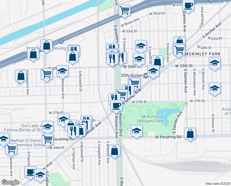map of restaurants, bars, coffee shops, grocery stores, and more near 3680 South Archer Avenue in Chicago