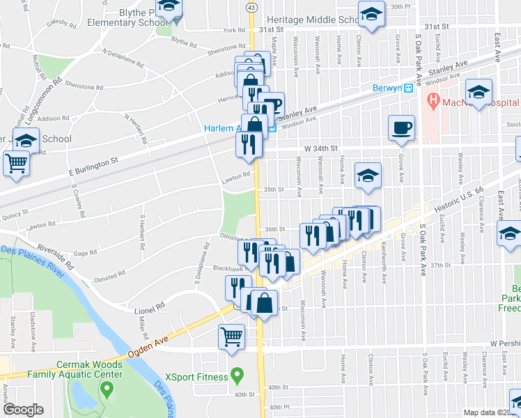 map of restaurants, bars, coffee shops, grocery stores, and more near 3517 Illinois 43 in Berwyn