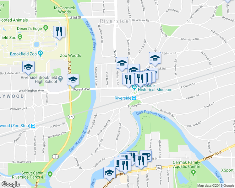 map of restaurants, bars, coffee shops, grocery stores, and more near 62 Pine Avenue in Riverside