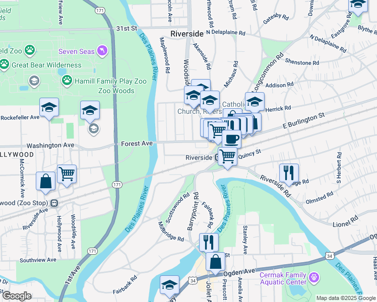 map of restaurants, bars, coffee shops, grocery stores, and more near 62 Pine Avenue in Riverside
