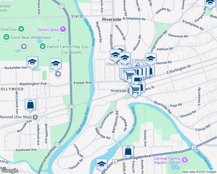 map of restaurants, bars, coffee shops, grocery stores, and more near 96 Pine Avenue in Riverside