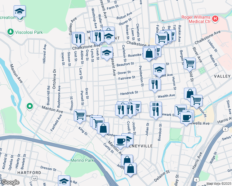 map of restaurants, bars, coffee shops, grocery stores, and more near 131 Hendrick Street in Providence