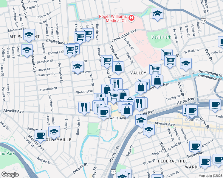 map of restaurants, bars, coffee shops, grocery stores, and more near 380 Valley Street in Providence