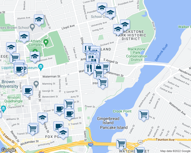map of restaurants, bars, coffee shops, grocery stores, and more near 17 Seekonk Street in Providence