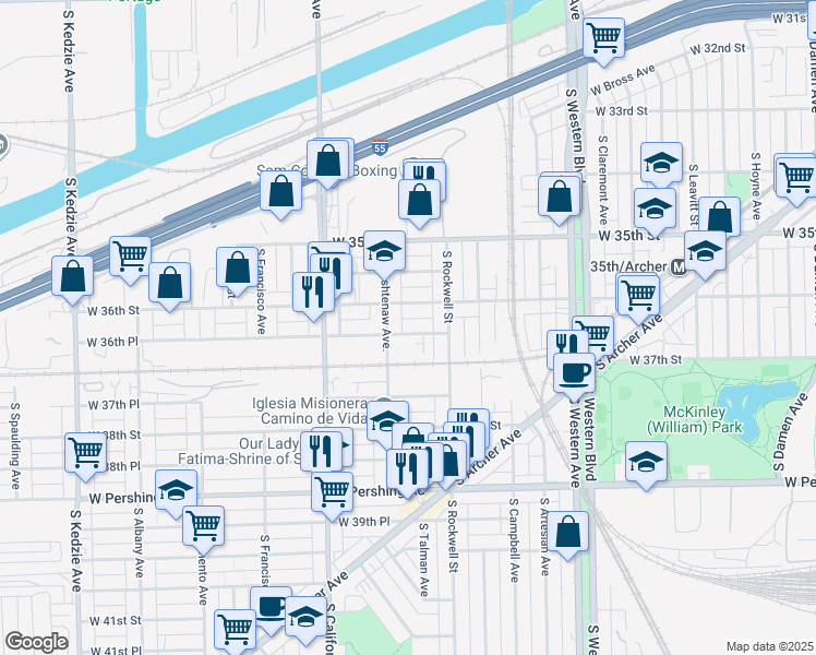 map of restaurants, bars, coffee shops, grocery stores, and more near 2638 West 36th Place in Chicago