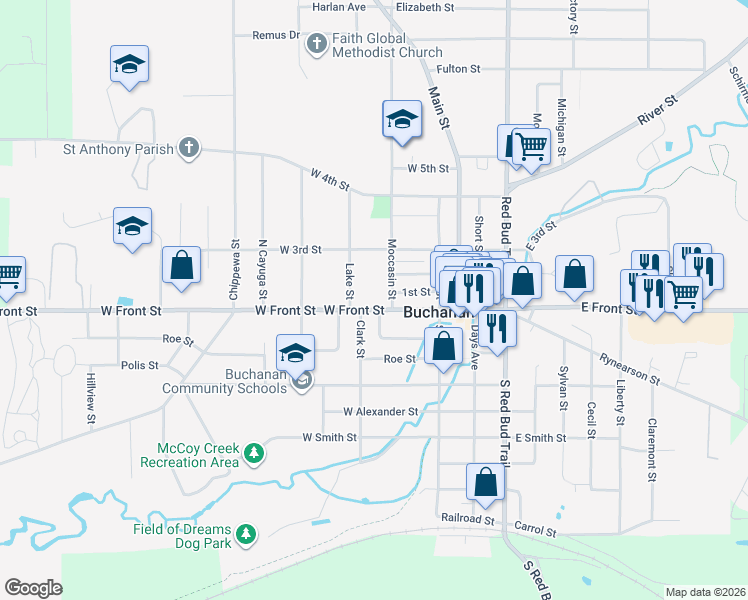 map of restaurants, bars, coffee shops, grocery stores, and more near 206 West Front Street in Buchanan
