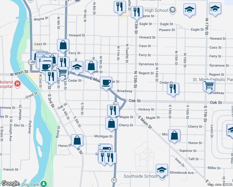 map of restaurants, bars, coffee shops, grocery stores, and more near 35 South 11th Street in Niles