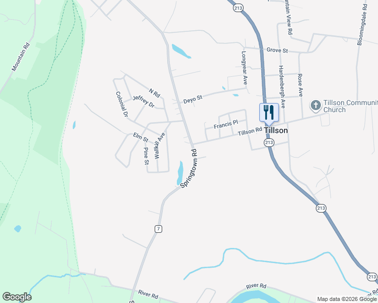 map of restaurants, bars, coffee shops, grocery stores, and more near 727 Springtown Road in Tillson