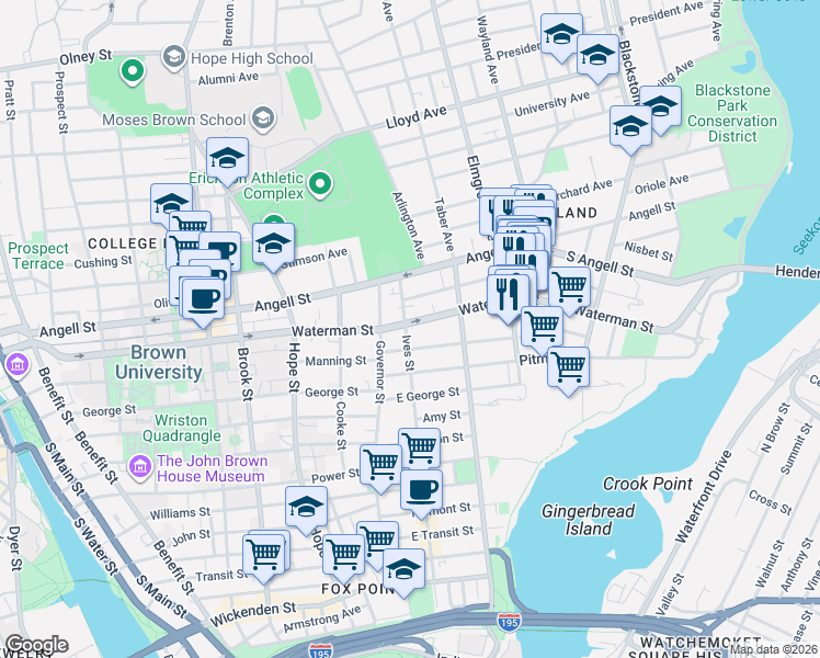map of restaurants, bars, coffee shops, grocery stores, and more near 181 Waterman Street in Providence
