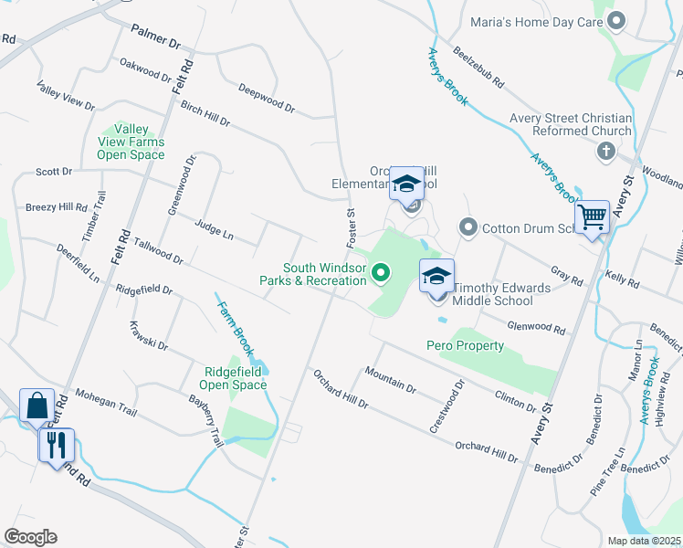 map of restaurants, bars, coffee shops, grocery stores, and more near 350 Foster Street in South Windsor