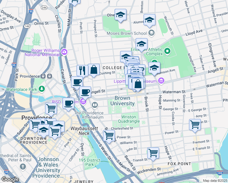 map of restaurants, bars, coffee shops, grocery stores, and more near 97 Angell St in Providence