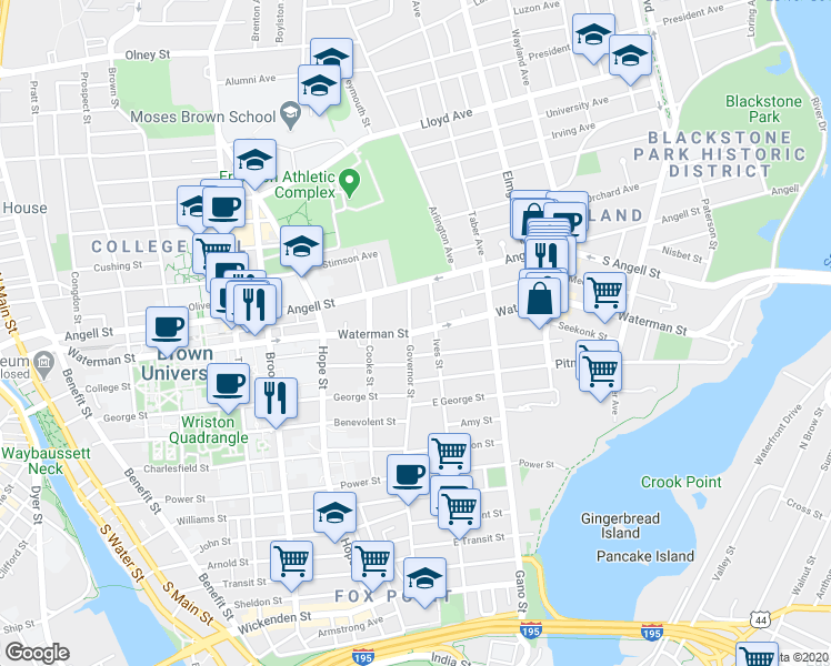 map of restaurants, bars, coffee shops, grocery stores, and more near Waterman Street in Providence