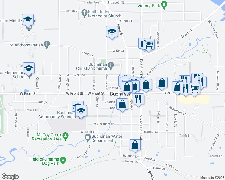 map of restaurants, bars, coffee shops, grocery stores, and more near 114 West Front Street in Buchanan