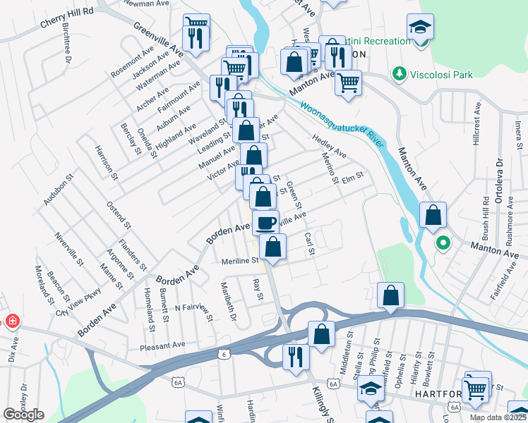 map of restaurants, bars, coffee shops, grocery stores, and more near 87 Elm Street in Johnston