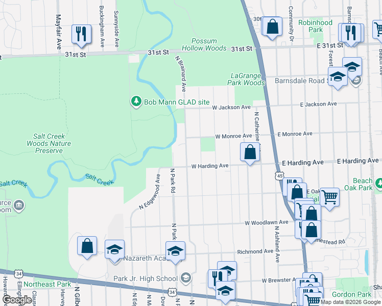 map of restaurants, bars, coffee shops, grocery stores, and more near 714 North Brainard Avenue in La Grange Park