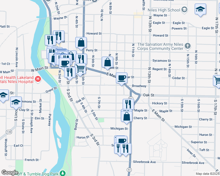 map of restaurants, bars, coffee shops, grocery stores, and more near 736 Broadway Street in Niles