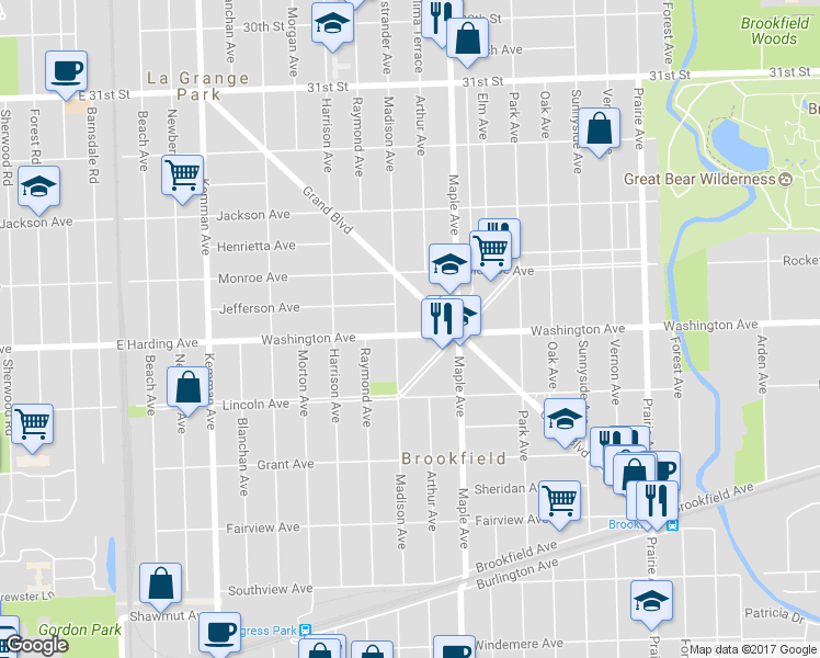 map of restaurants, bars, coffee shops, grocery stores, and more near 9238 Washington Avenue in Brookfield
