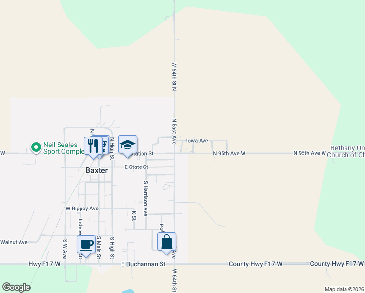 map of restaurants, bars, coffee shops, grocery stores, and more near 6376 North 95th Avenue West in Baxter