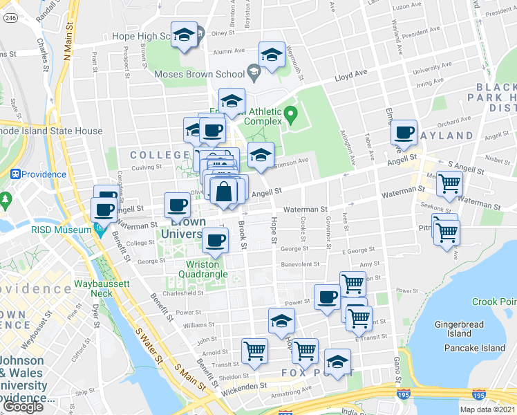 map of restaurants, bars, coffee shops, grocery stores, and more near 127 Waterman Street in Providence