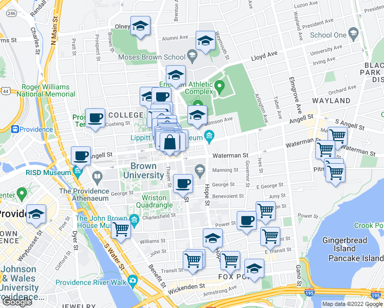 map of restaurants, bars, coffee shops, grocery stores, and more near 127 Waterman Street in Providence