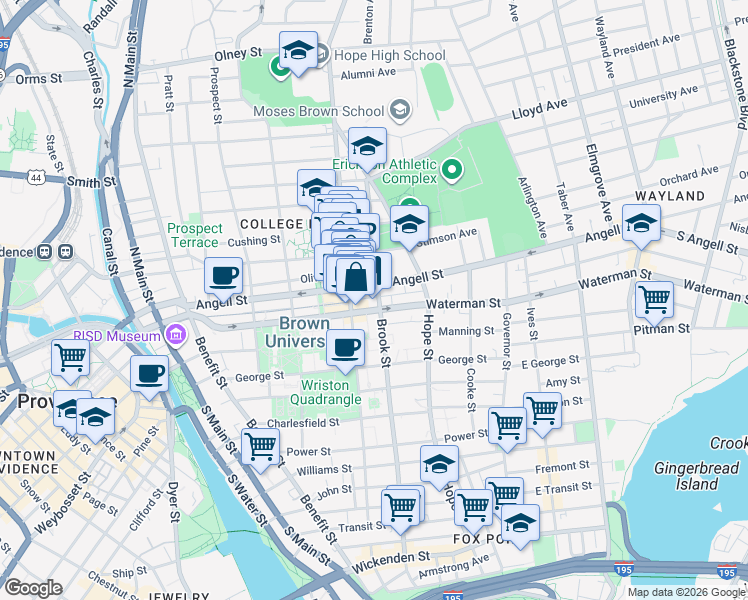 map of restaurants, bars, coffee shops, grocery stores, and more near 216 Thayer Street in Providence