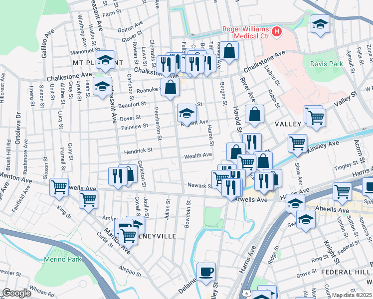 map of restaurants, bars, coffee shops, grocery stores, and more near 101 Academy Avenue in Providence