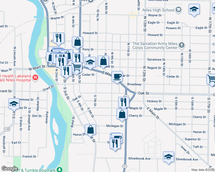 map of restaurants, bars, coffee shops, grocery stores, and more near 736 Broadway Street in Niles