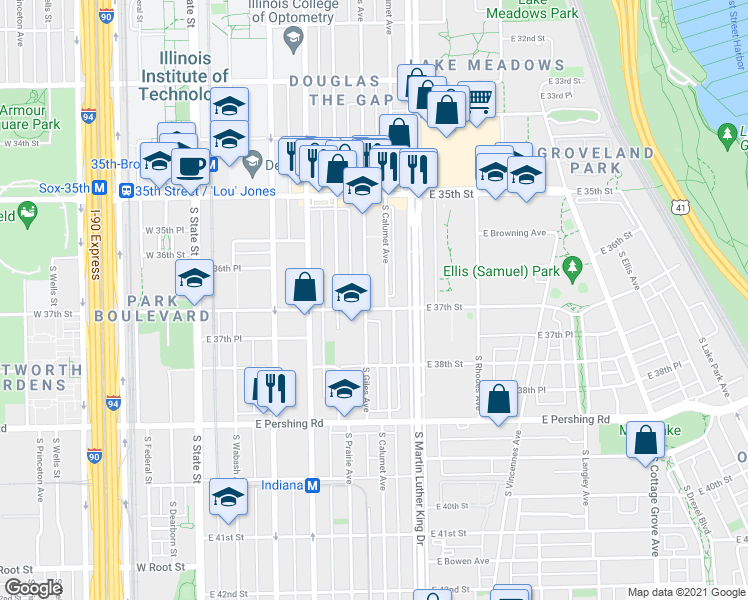 map of restaurants, bars, coffee shops, grocery stores, and more near 3658 South Giles Avenue in Chicago