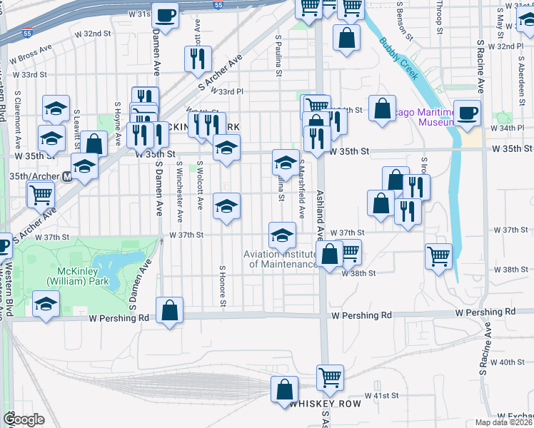 map of restaurants, bars, coffee shops, grocery stores, and more near 3643 South Hermitage Avenue in Chicago