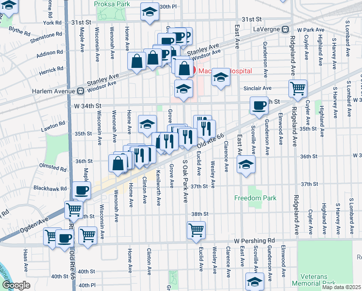 map of restaurants, bars, coffee shops, grocery stores, and more near 3527 Grove Avenue in Berwyn