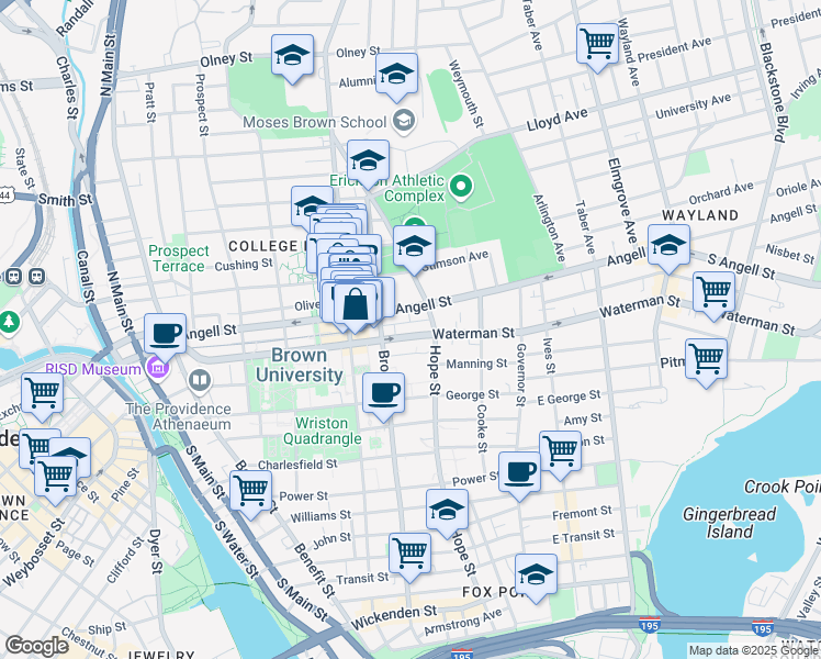 map of restaurants, bars, coffee shops, grocery stores, and more near 126 Waterman Street in Providence