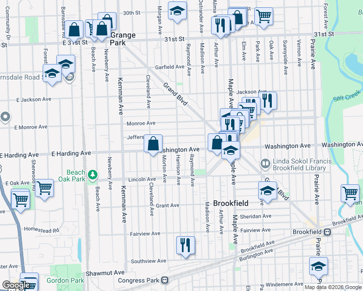 map of restaurants, bars, coffee shops, grocery stores, and more near in Brookfield