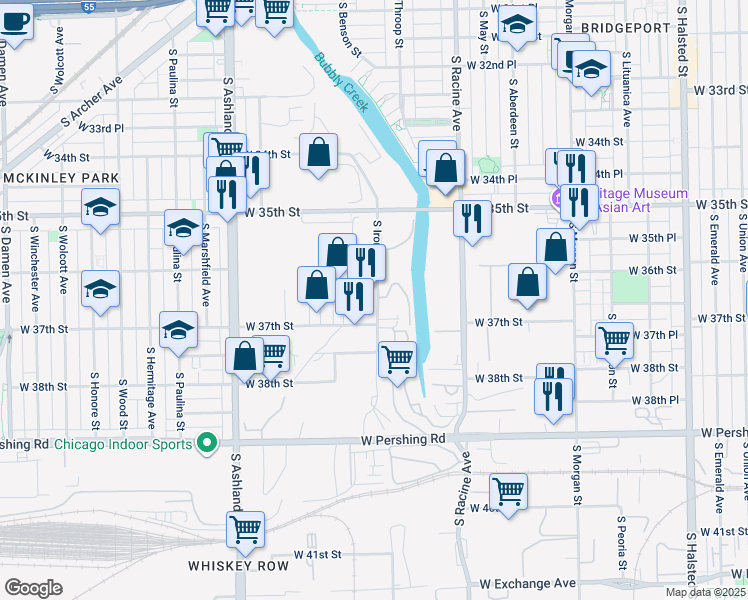 map of restaurants, bars, coffee shops, grocery stores, and more near 3636 South Iron Street in Chicago