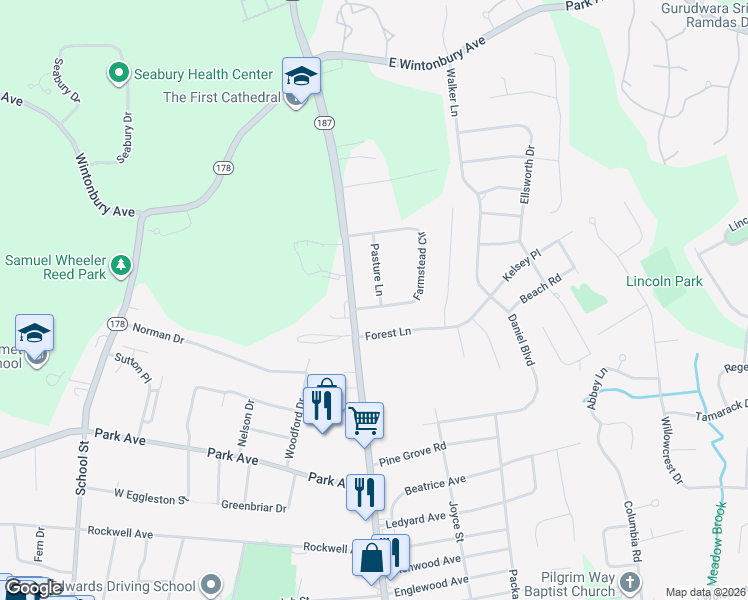 map of restaurants, bars, coffee shops, grocery stores, and more near 6 Farmstead Circle in Bloomfield