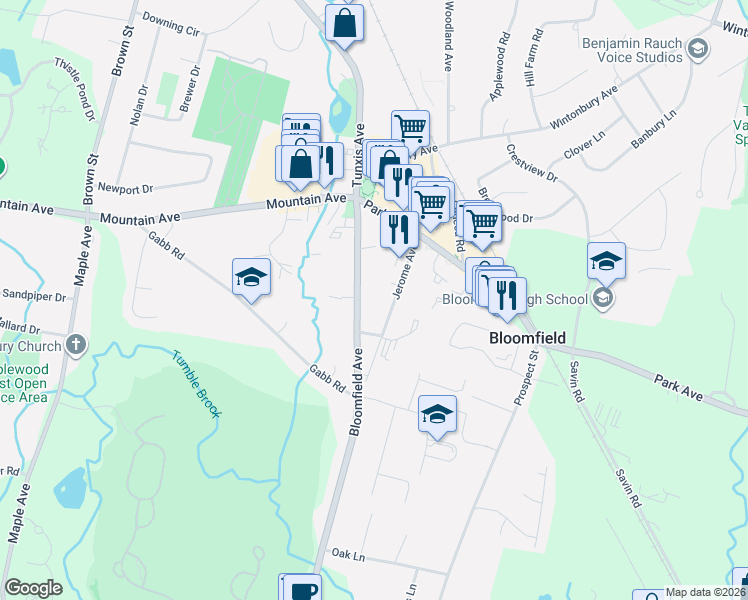 map of restaurants, bars, coffee shops, grocery stores, and more near 27 Jerome Avenue in Bloomfield
