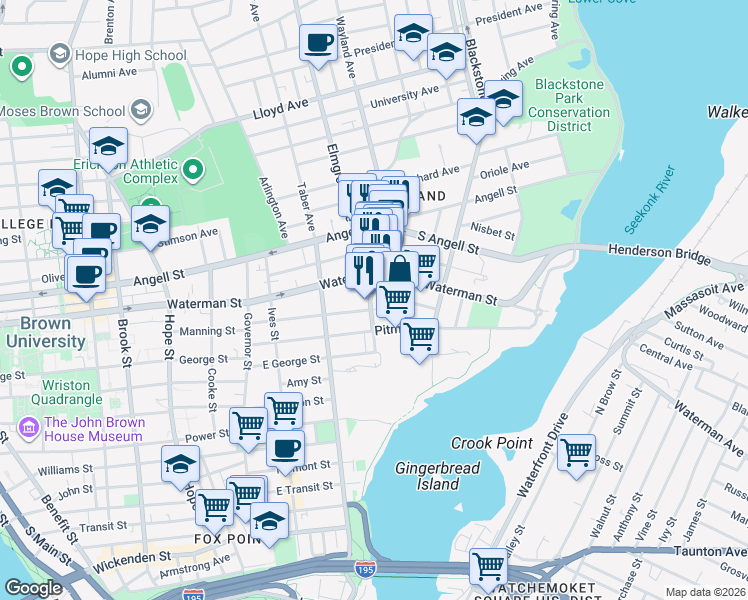 map of restaurants, bars, coffee shops, grocery stores, and more near 150 East Manning Street in Providence