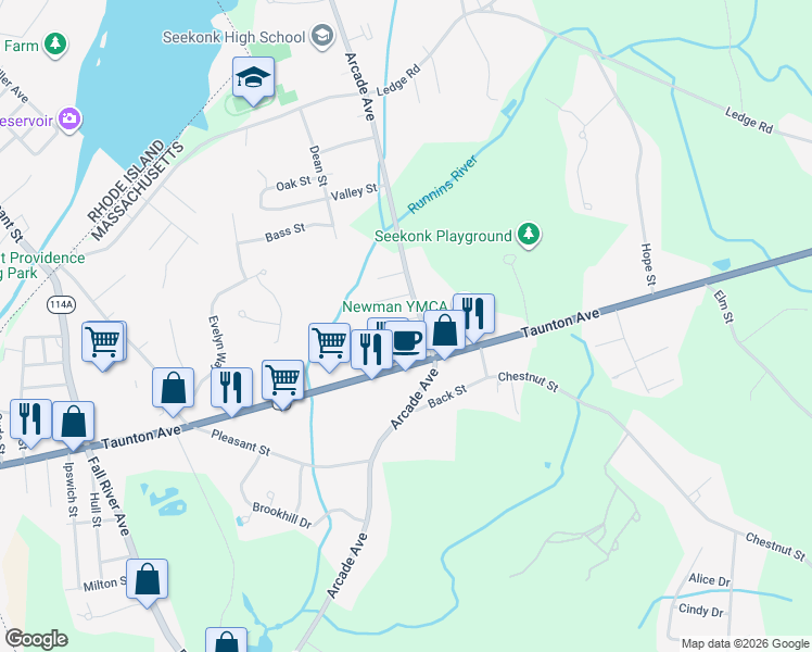 map of restaurants, bars, coffee shops, grocery stores, and more near 14 Elmdale Street in Seekonk
