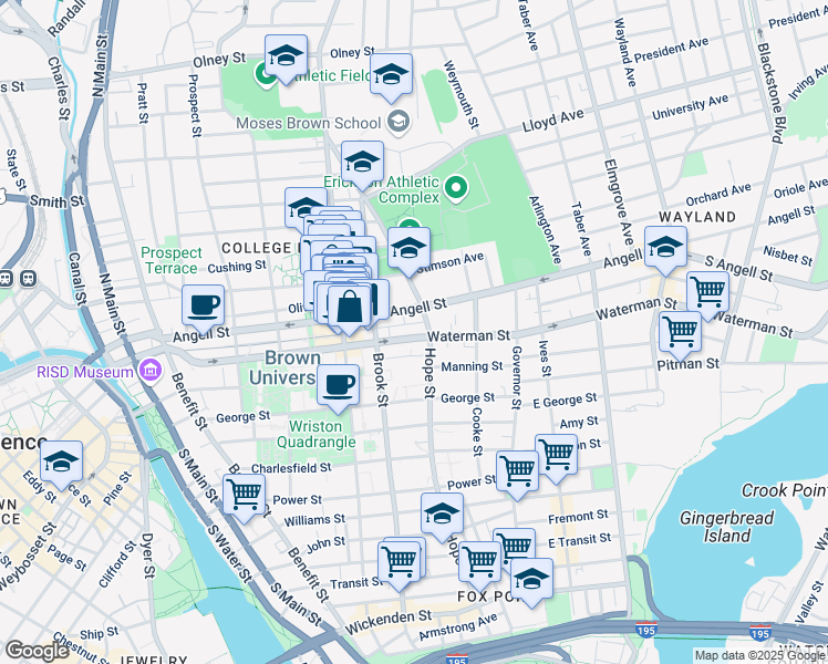 map of restaurants, bars, coffee shops, grocery stores, and more near 127 Waterman Street in Providence