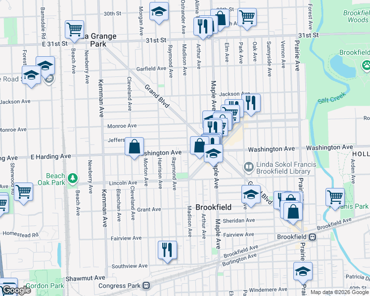 map of restaurants, bars, coffee shops, grocery stores, and more near 3440 Madison Avenue in Brookfield