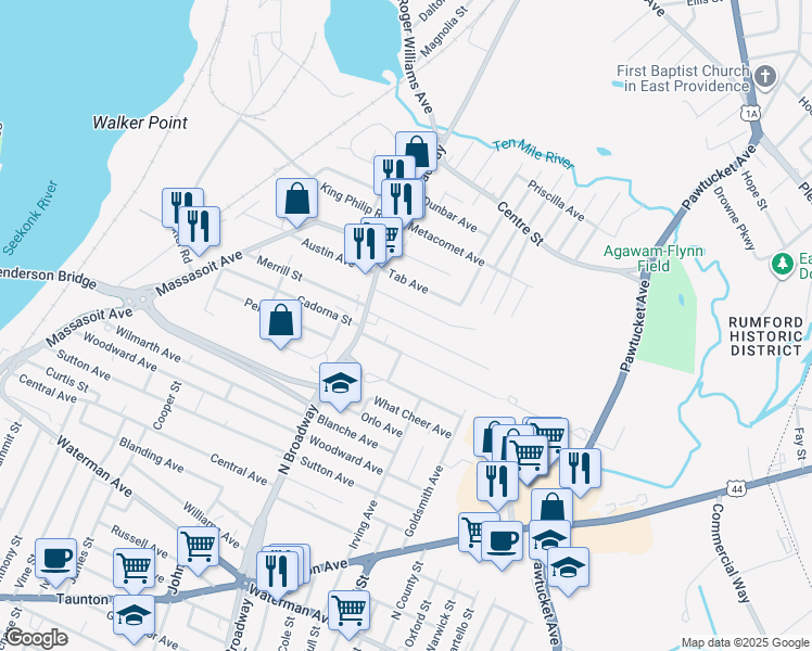 map of restaurants, bars, coffee shops, grocery stores, and more near 24 Dewey Avenue in East Providence